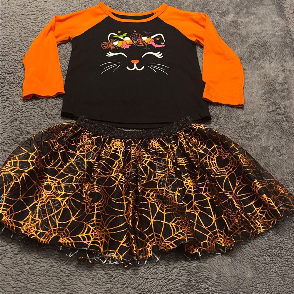 Halloween Cat Outfit with Orange and Black Spiderweb Skirt